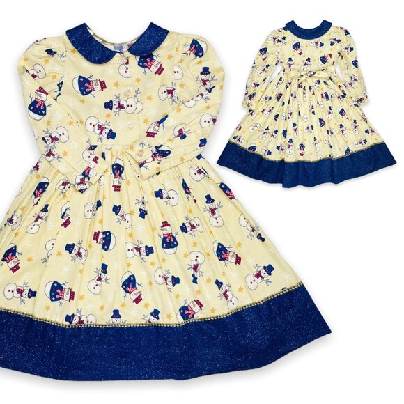 Vintage Girls Snowman Winter Christmas Holiday Peter Pan Collar Dress 4 - 6 - Picture 1 of 9